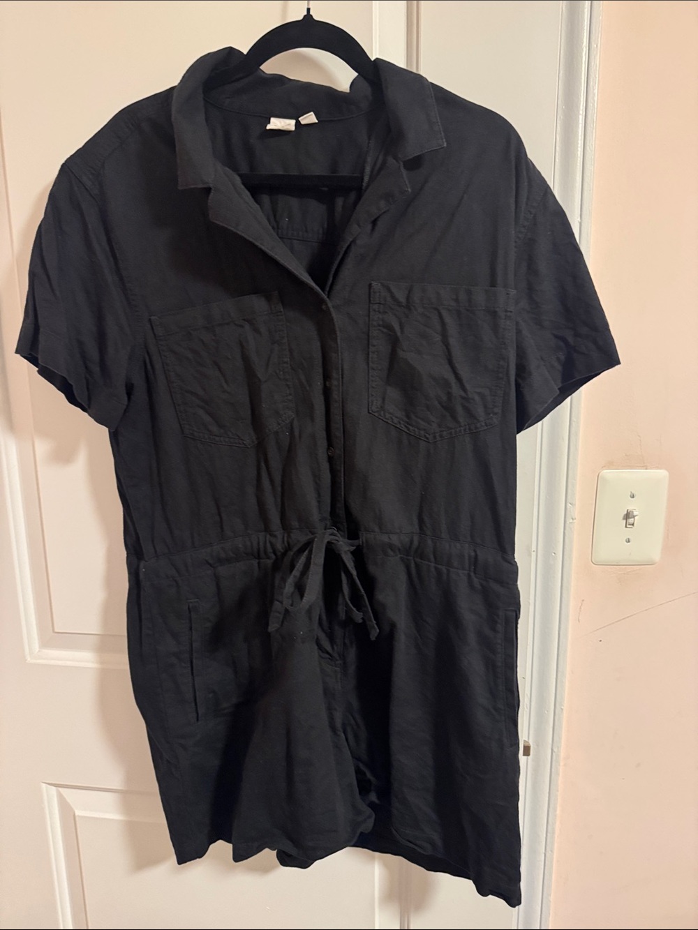 Women's Black Short-Sleeve Button Front Romper with Drawstring Waist